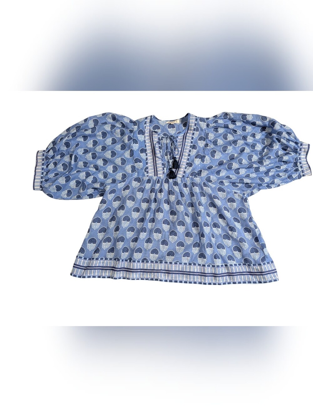 Marea Women Bohemian Peasant Floral Blue Cotton Long Sleeve Blouse Size M